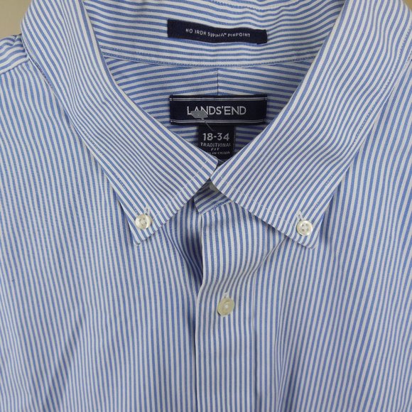 LANDS' END Men's 18-34 No Iron Supima Pinpoint Traditional Fit Blue/White Stripe - Picture 5 of 13